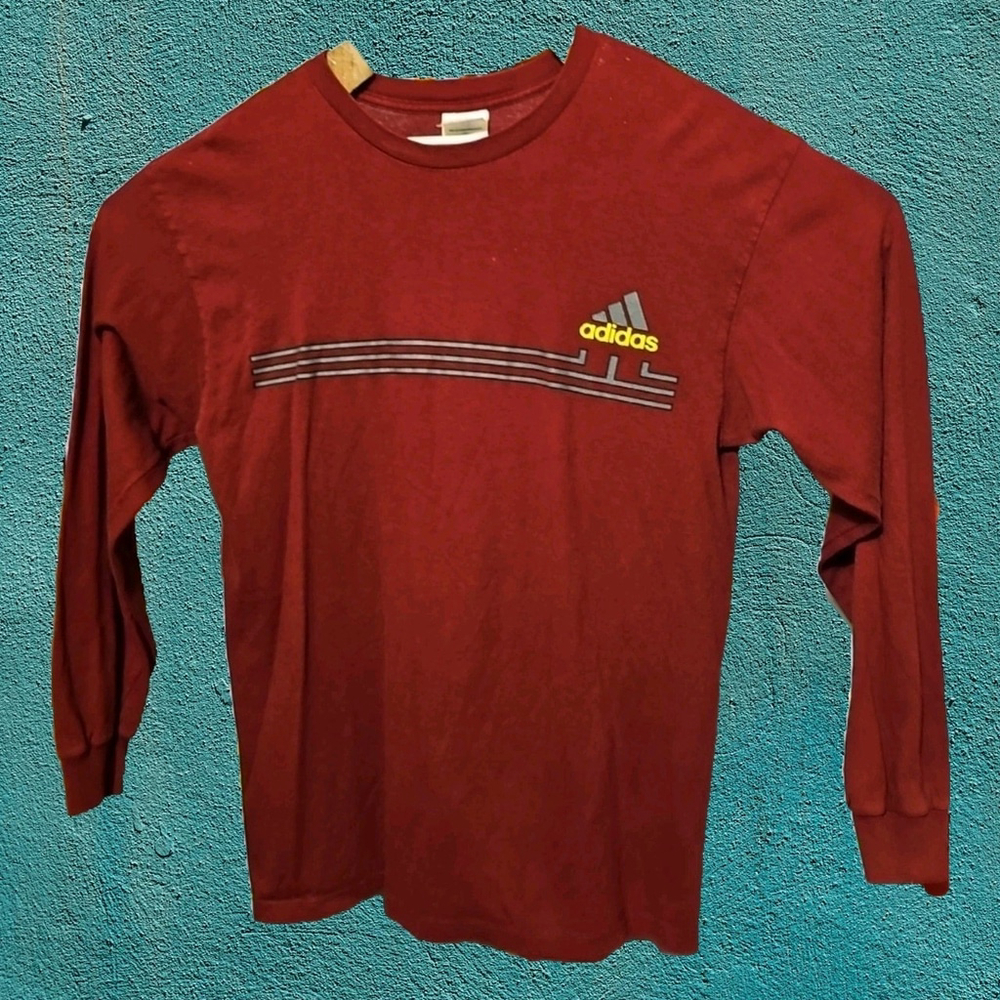 Vintage Adidas Made in USA Maroon Red Long Sleeve Shirt Double Sided Graphic Med